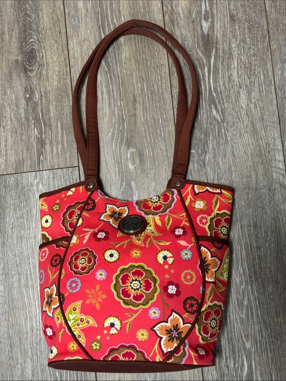 Longaberger Coral Red Floral Canvas Tote with Brown Straps